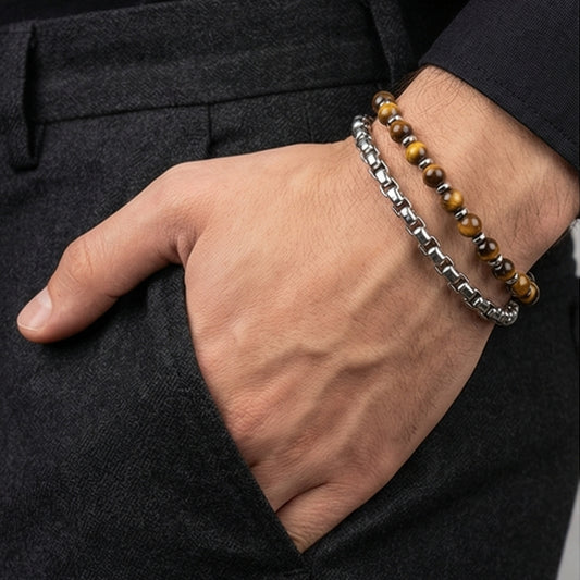 TIGER'S EYE STONE & STEEL MEN'S BRACELET