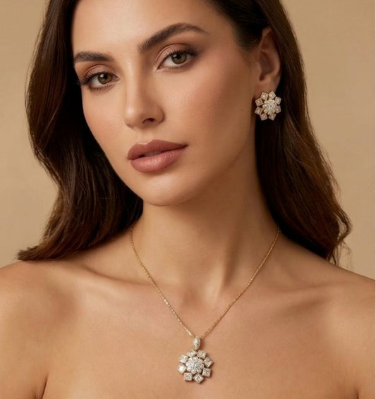 14K VERGOLDETES ZIRKONIA-HALSKETTEN- UND OHRRING-SET