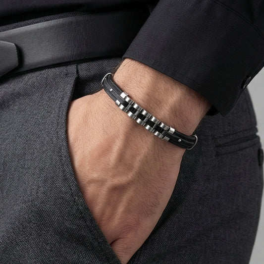 SILBERNE LEDERARMBAND FÜR HERREN MIT STAHLPLATTE