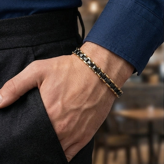 Schwarzes Keramik- & Goldfarbenes Ketten-Herrenarmband - E002