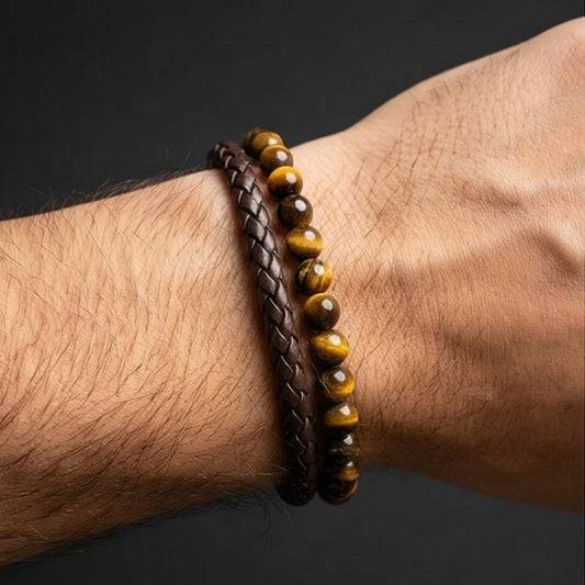 TIGER EYE STONE & LEATHER MEN'S BRACELET