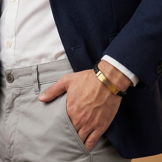 MEN'S GOLD STEEL PLATE LEATHER BRACELET