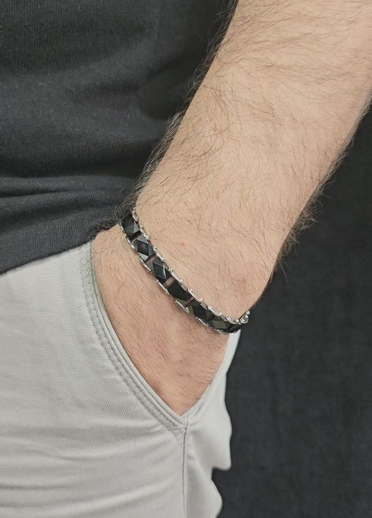 Men's Black Ceramic & Silver Chain Bracelet - E001