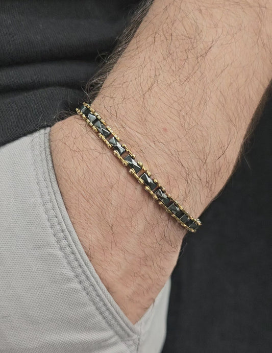 Black Ceramic & Gold Color Chain Men's Bracelet - E002